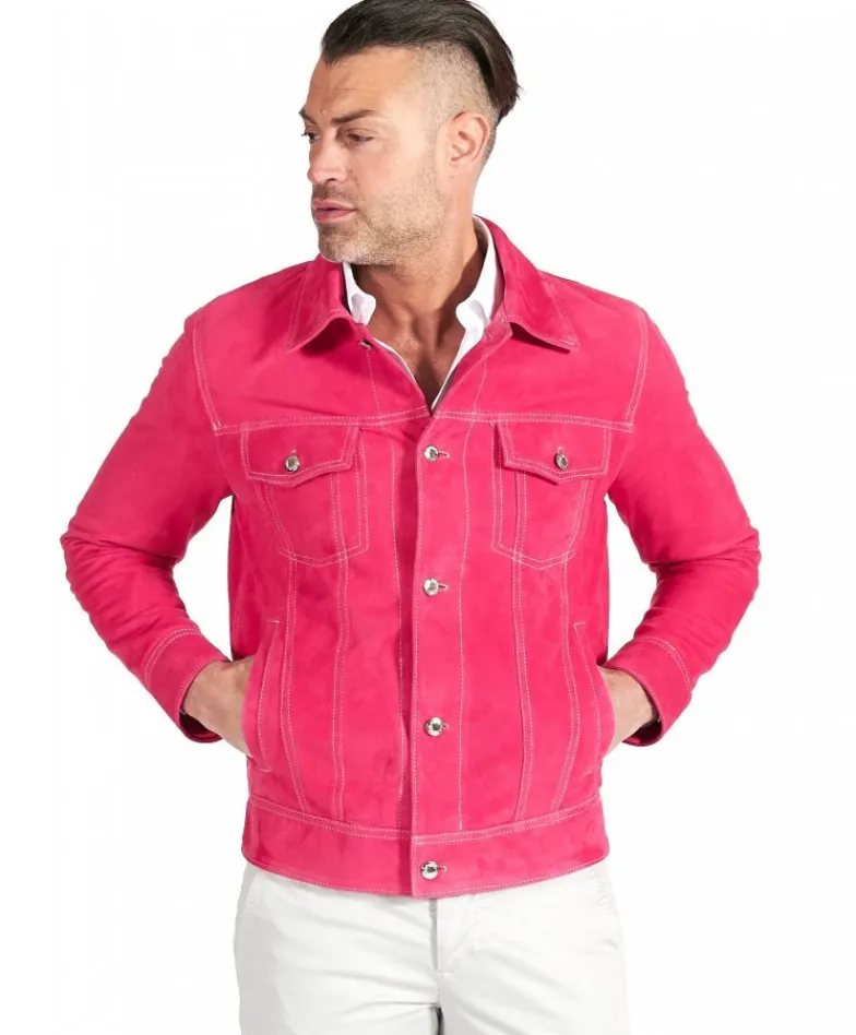 Uomo D'Arienzo Akyo - Giacca pelle scamosciata fuxia con bottoni e collo camicia