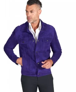 Uomo D'Arienzo Akyo - Giacca pelle scamosciata viola bottoni a pressione collo camicia