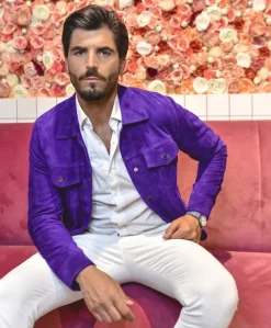 Uomo D'Arienzo Akyo - Giacca pelle scamosciata viola bottoni a pressione collo camicia