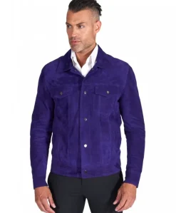 Uomo D'Arienzo Akyo - Giacca pelle scamosciata viola bottoni a pressione collo camicia