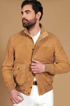 Uomo D'Arienzo Alex Bottoni - Giacca bomber in pelle camoscio beige con bottoni e tasconi