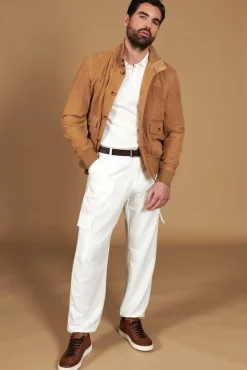 Uomo D'Arienzo Alex Bottoni - Giacca bomber in pelle camoscio beige con bottoni e tasconi