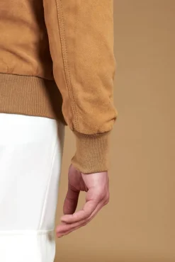 Uomo D'Arienzo Alex Bottoni - Giacca bomber in pelle camoscio beige con bottoni e tasconi