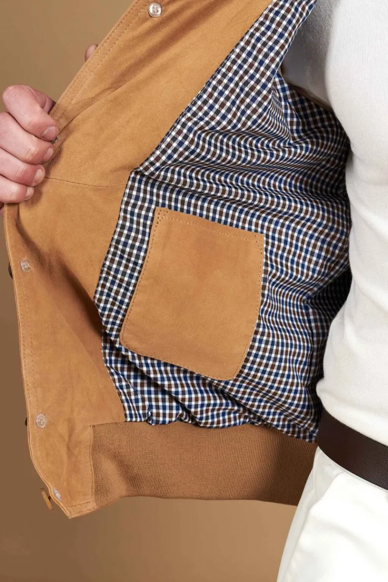 Uomo D'Arienzo Alex Bottoni - Giacca bomber in pelle camoscio beige con bottoni e tasconi