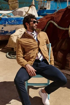 Uomo D'Arienzo Alex Bottoni - Giacca bomber in pelle camoscio beige con bottoni e tasconi