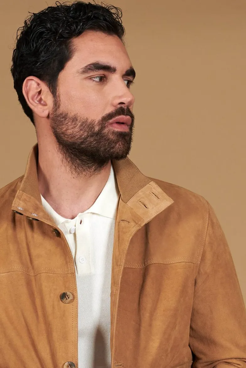 Uomo D'Arienzo Alex Bottoni - Giacca bomber in pelle camoscio beige con bottoni e tasconi