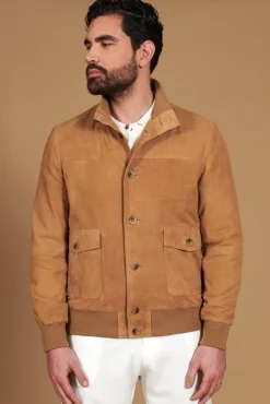 Uomo D'Arienzo Alex Bottoni - Giacca bomber in pelle camoscio beige con bottoni e tasconi
