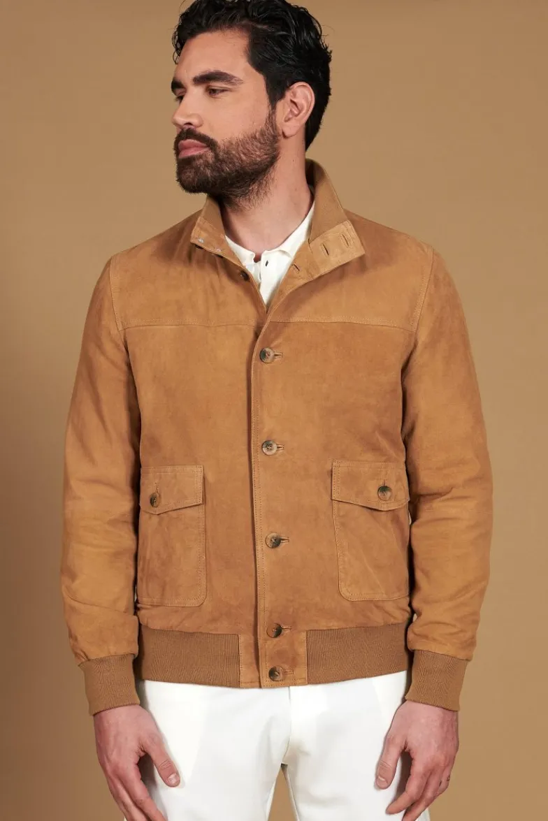 Uomo D'Arienzo Alex Bottoni - Giacca bomber in pelle camoscio beige con bottoni e tasconi