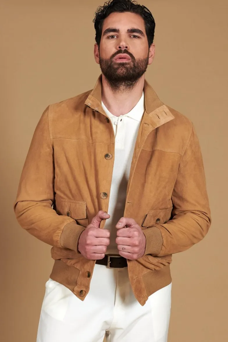 Uomo D'Arienzo Alex Bottoni - Giacca bomber in pelle camoscio beige con bottoni e tasconi