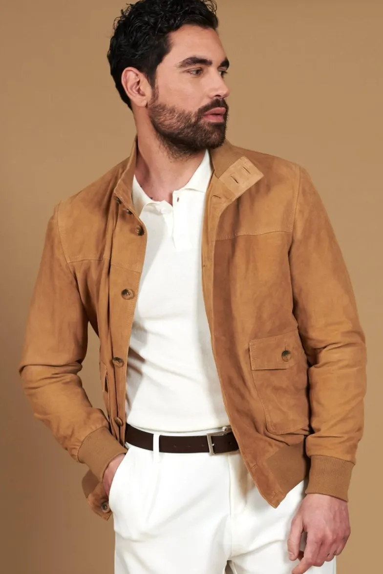 Uomo D'Arienzo Alex Bottoni - Giacca bomber in pelle camoscio beige con bottoni e tasconi