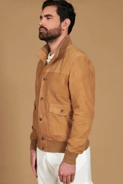Uomo D'Arienzo Alex Bottoni - Giacca bomber in pelle camoscio beige con bottoni e tasconi