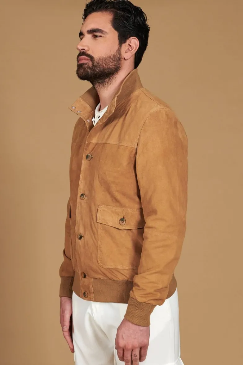 Uomo D'Arienzo Alex Bottoni - Giacca bomber in pelle camoscio beige con bottoni e tasconi