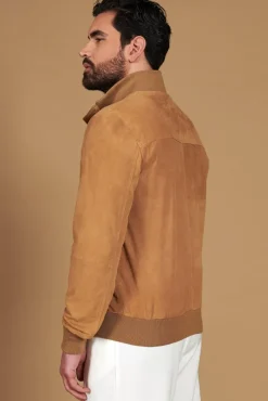 Uomo D'Arienzo Alex Bottoni - Giacca bomber in pelle camoscio beige con bottoni e tasconi