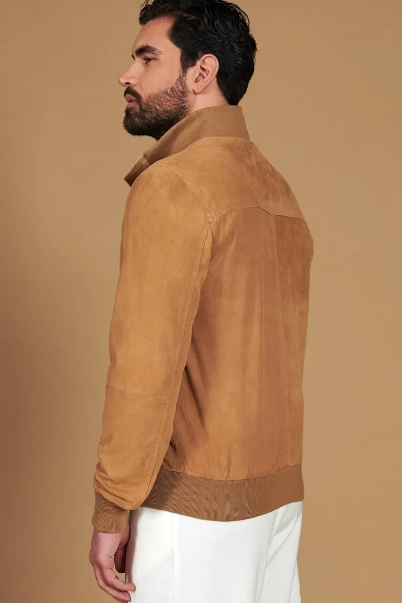 Uomo D'Arienzo Alex Bottoni - Giacca bomber in pelle camoscio beige con bottoni e tasconi