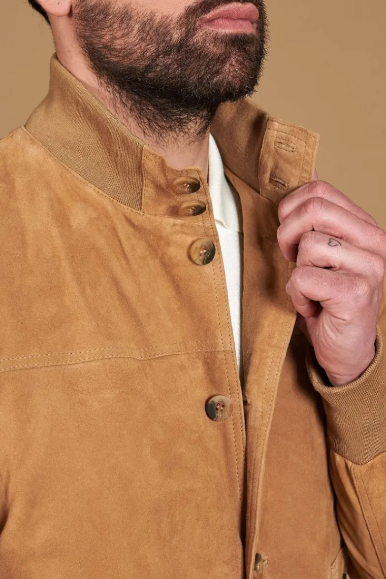 Uomo D'Arienzo Alex Bottoni - Giacca bomber in pelle camoscio beige con bottoni e tasconi