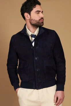 Uomo D'Arienzo Alex Bottoni - Giacca bomber in pelle camoscio blu con bottoni e tasconi