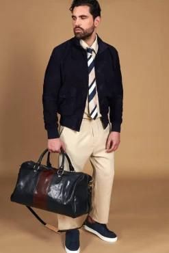 Uomo D'Arienzo Alex Bottoni - Giacca bomber in pelle camoscio blu con bottoni e tasconi