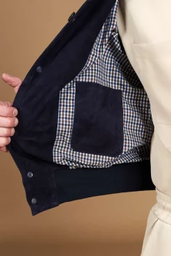 Uomo D'Arienzo Alex Bottoni - Giacca bomber in pelle camoscio blu con bottoni e tasconi