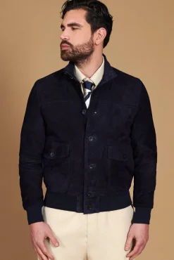 Uomo D'Arienzo Alex Bottoni - Giacca bomber in pelle camoscio blu con bottoni e tasconi