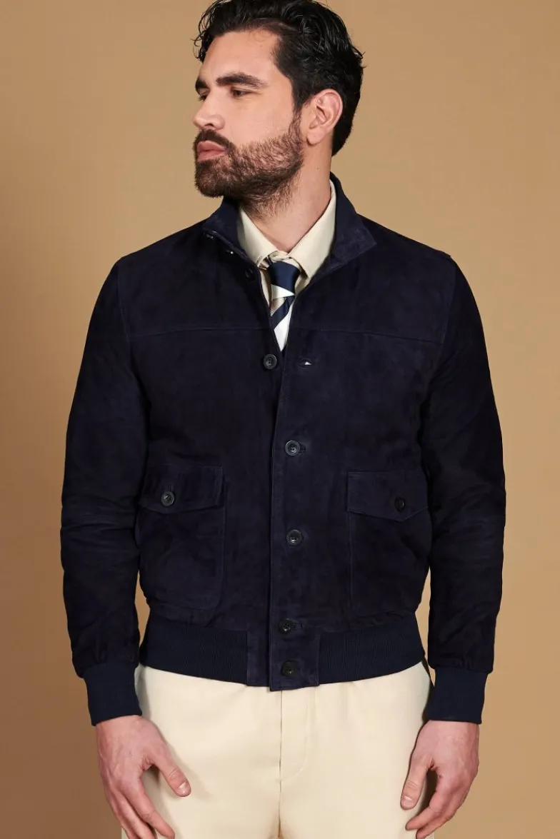 Uomo D'Arienzo Alex Bottoni - Giacca bomber in pelle camoscio blu con bottoni e tasconi
