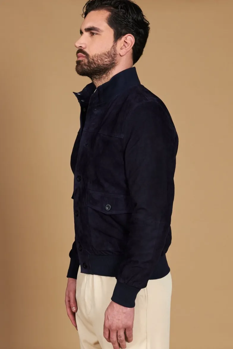 Uomo D'Arienzo Alex Bottoni - Giacca bomber in pelle camoscio blu con bottoni e tasconi