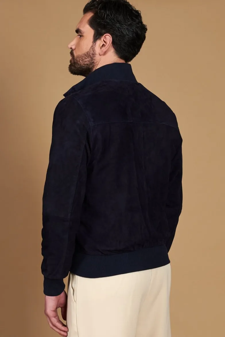 Uomo D'Arienzo Alex Bottoni - Giacca bomber in pelle camoscio blu con bottoni e tasconi