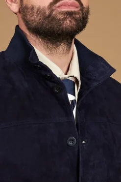 Uomo D'Arienzo Alex Bottoni - Giacca bomber in pelle camoscio blu con bottoni e tasconi
