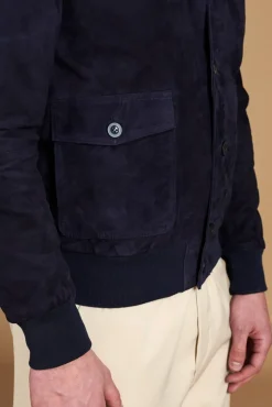 Uomo D'Arienzo Alex Bottoni - Giacca bomber in pelle camoscio blu con bottoni e tasconi