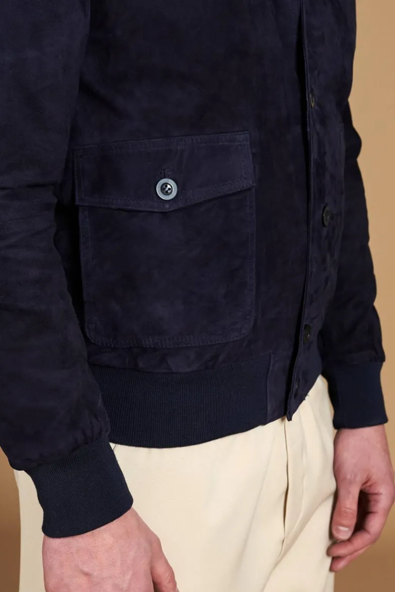 Uomo D'Arienzo Alex Bottoni - Giacca bomber in pelle camoscio blu con bottoni e tasconi
