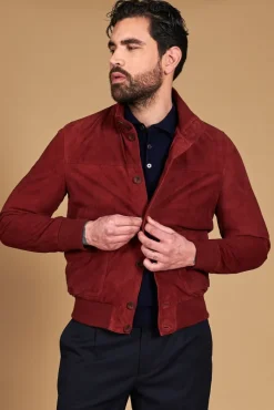 Uomo D'Arienzo Alex Bottoni - Giacca bomber in pelle camoscio bordeaux con bottoni e tasconi