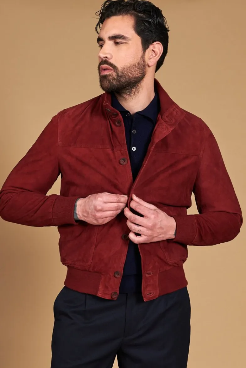 Uomo D'Arienzo Alex Bottoni - Giacca bomber in pelle camoscio bordeaux con bottoni e tasconi