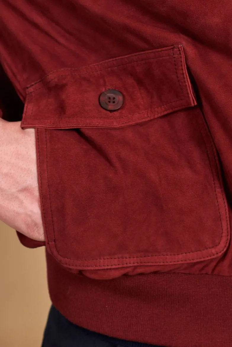 Uomo D'Arienzo Alex Bottoni - Giacca bomber in pelle camoscio bordeaux con bottoni e tasconi