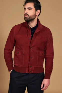 Uomo D'Arienzo Alex Bottoni - Giacca bomber in pelle camoscio bordeaux con bottoni e tasconi