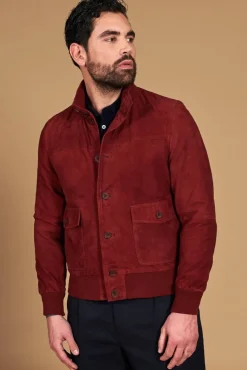 Uomo D'Arienzo Alex Bottoni - Giacca bomber in pelle camoscio bordeaux con bottoni e tasconi