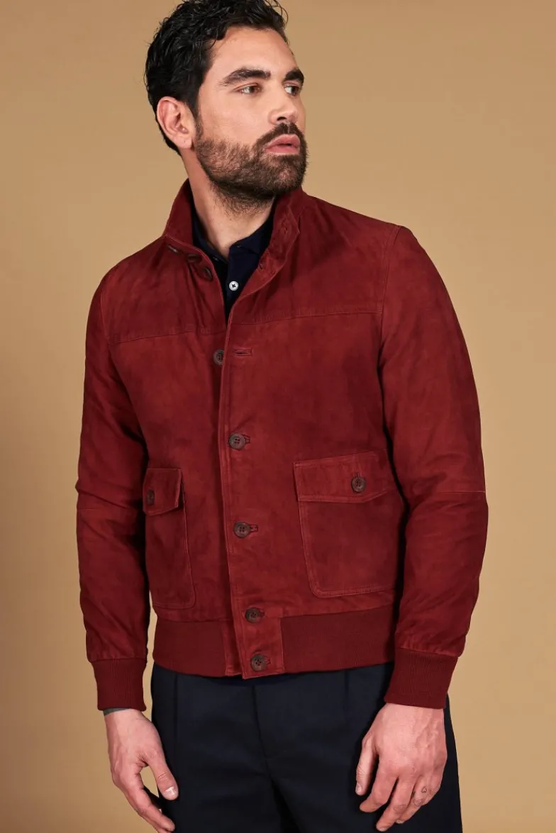 Uomo D'Arienzo Alex Bottoni - Giacca bomber in pelle camoscio bordeaux con bottoni e tasconi