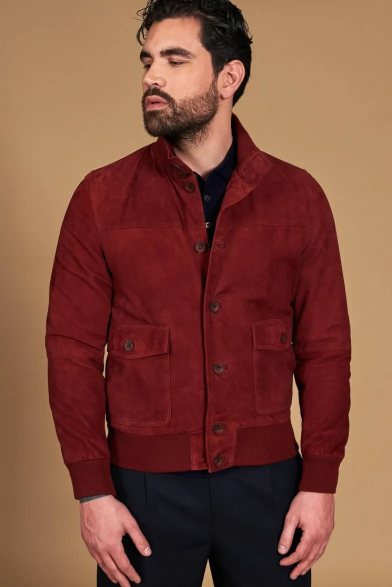 Uomo D'Arienzo Alex Bottoni - Giacca bomber in pelle camoscio bordeaux con bottoni e tasconi