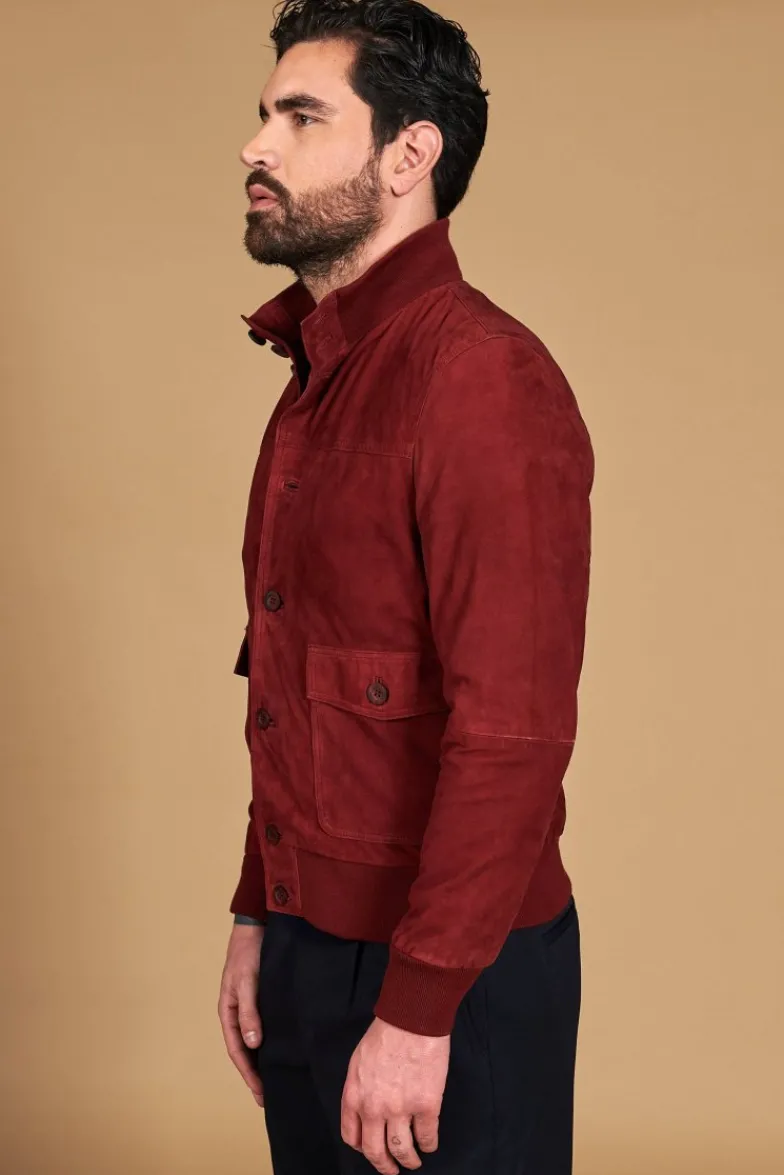 Uomo D'Arienzo Alex Bottoni - Giacca bomber in pelle camoscio bordeaux con bottoni e tasconi