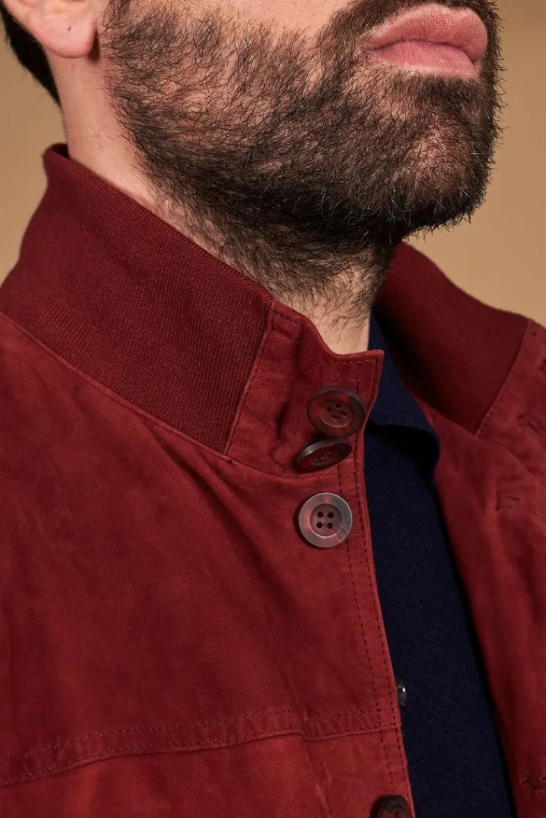 Uomo D'Arienzo Alex Bottoni - Giacca bomber in pelle camoscio bordeaux con bottoni e tasconi