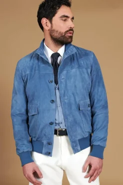 Uomo D'Arienzo Alex Bottoni - Giacca bomber in pelle camoscio blu denim con bottoni e tasconi