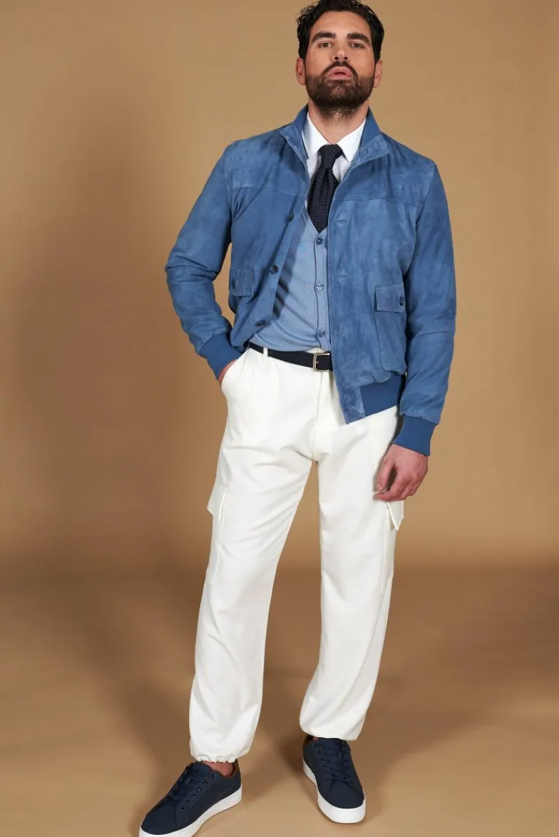 Uomo D'Arienzo Alex Bottoni - Giacca bomber in pelle camoscio blu denim con bottoni e tasconi