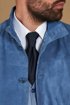 Uomo D'Arienzo Alex Bottoni - Giacca bomber in pelle camoscio blu denim con bottoni e tasconi