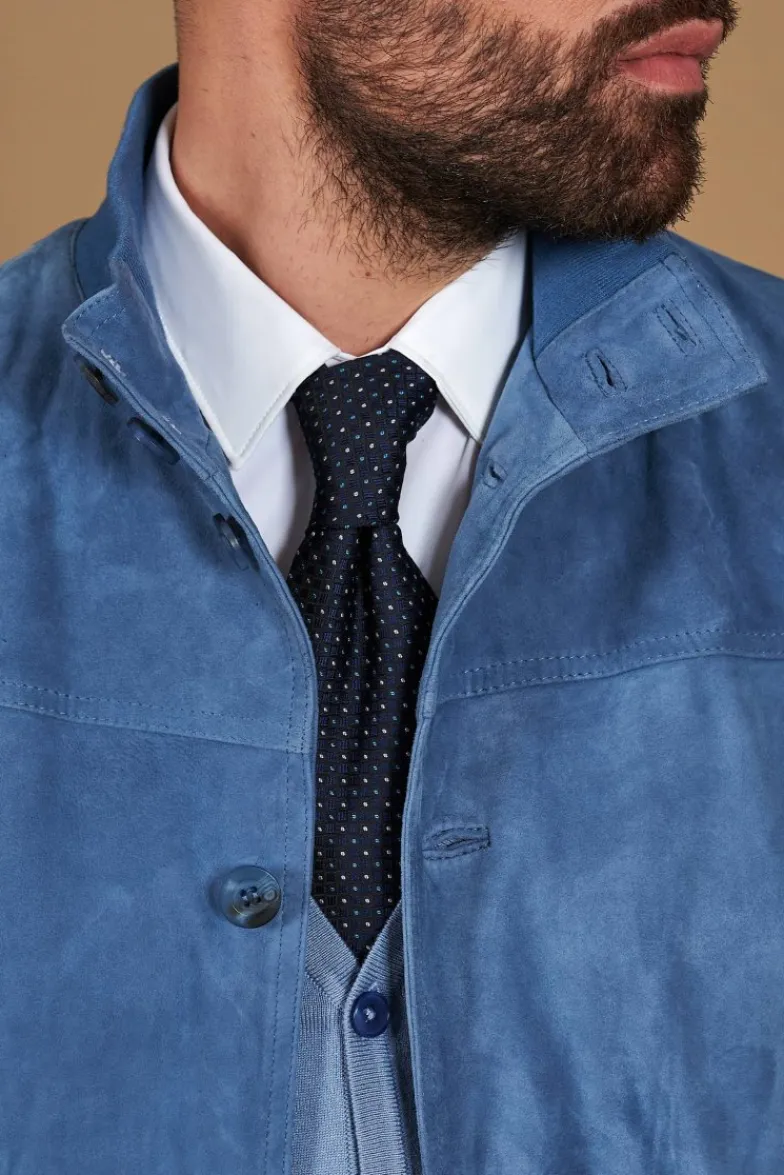 Uomo D'Arienzo Alex Bottoni - Giacca bomber in pelle camoscio blu denim con bottoni e tasconi