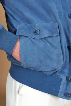 Uomo D'Arienzo Alex Bottoni - Giacca bomber in pelle camoscio blu denim con bottoni e tasconi