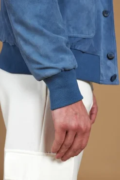 Uomo D'Arienzo Alex Bottoni - Giacca bomber in pelle camoscio blu denim con bottoni e tasconi