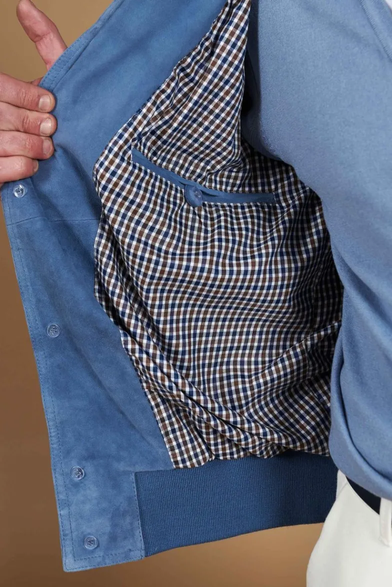 Uomo D'Arienzo Alex Bottoni - Giacca bomber in pelle camoscio blu denim con bottoni e tasconi
