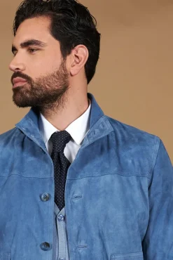 Uomo D'Arienzo Alex Bottoni - Giacca bomber in pelle camoscio blu denim con bottoni e tasconi