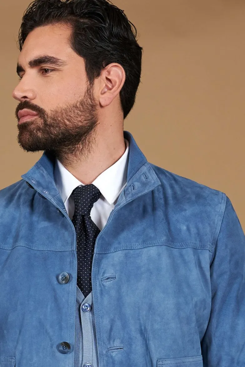Uomo D'Arienzo Alex Bottoni - Giacca bomber in pelle camoscio blu denim con bottoni e tasconi