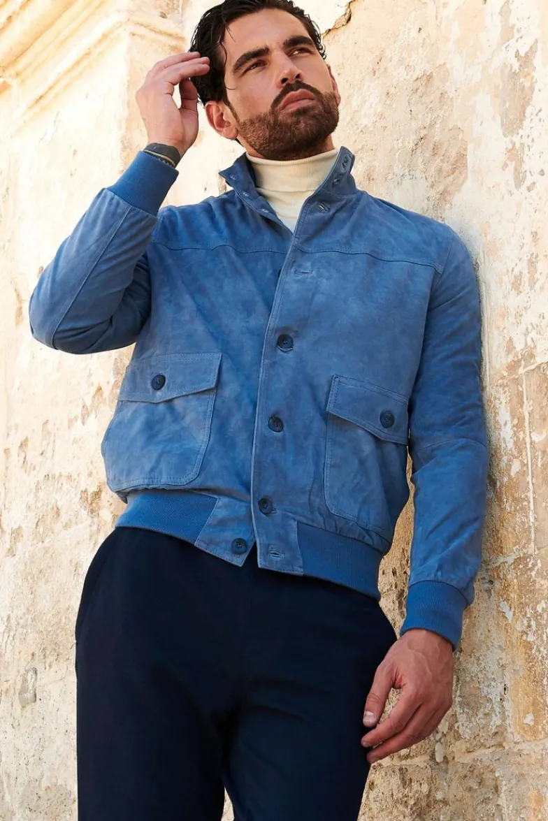 Uomo D'Arienzo Alex Bottoni - Giacca bomber in pelle camoscio blu denim con bottoni e tasconi