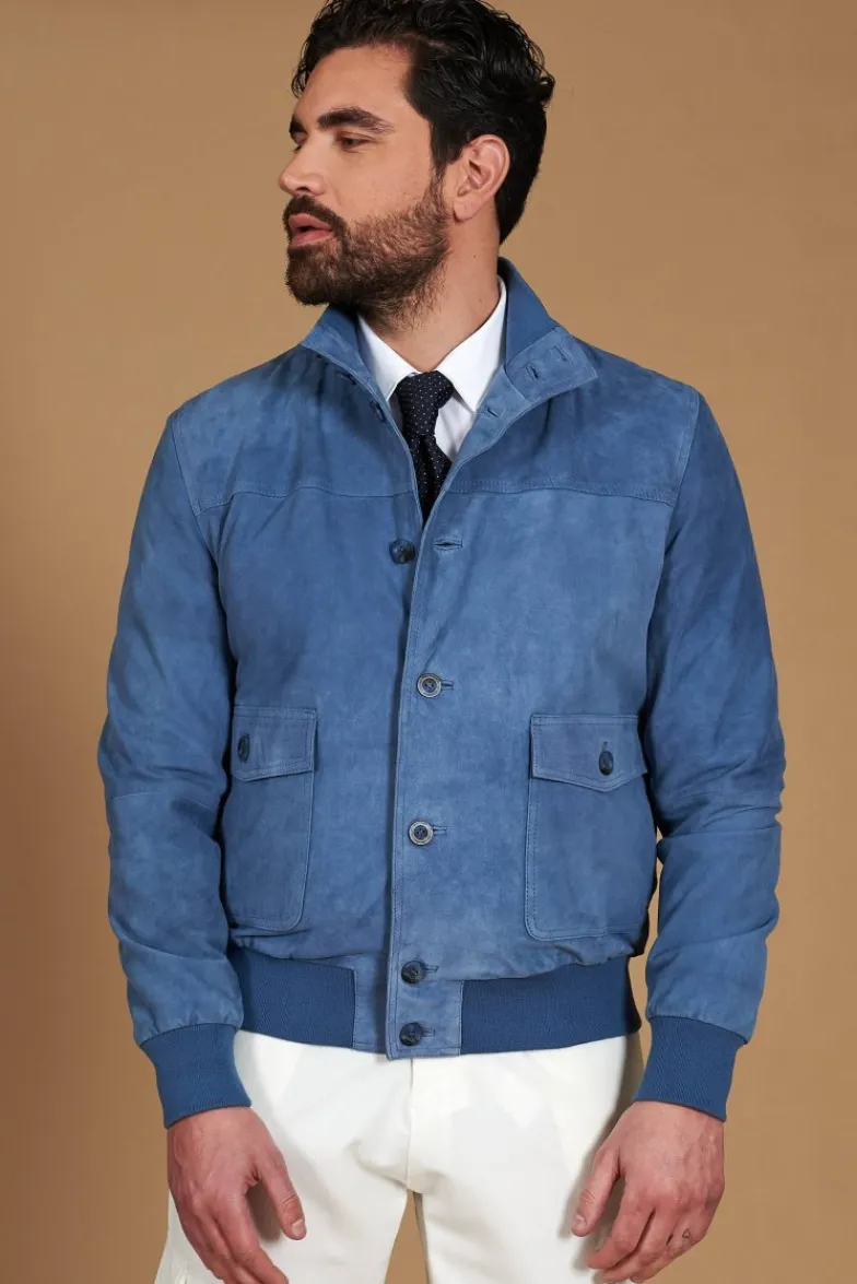Uomo D'Arienzo Alex Bottoni - Giacca bomber in pelle camoscio blu denim con bottoni e tasconi