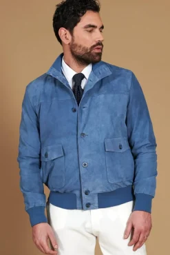 Uomo D'Arienzo Alex Bottoni - Giacca bomber in pelle camoscio blu denim con bottoni e tasconi